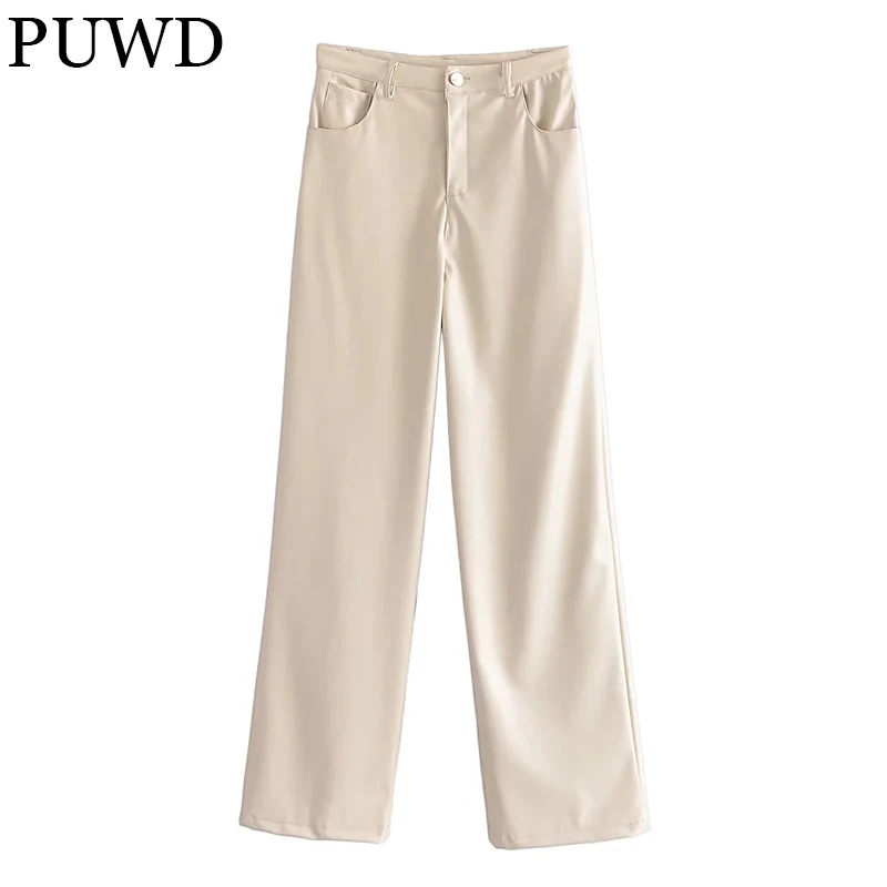 

PUWD Vintage Women Faux Leather Solid Wide Leg Pants 2021 Autumn Winter Fashion Zipper High Street Trousers Loose Female Bottoms