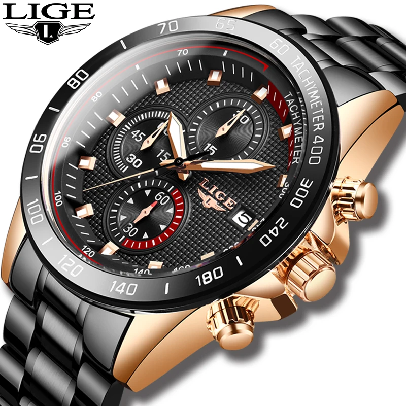 Часы наручные LIGE мужские водонепроницаемые из нержавеющей стали в деловом стиле