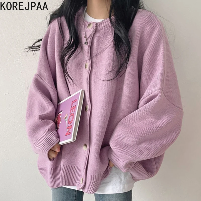 

Korejpaa Women Cardigan 2021 Autumn Korea Casual Fashion Ladies Lazy Round Neck Single-Breasted Long-Sleeved Knitted Sweater