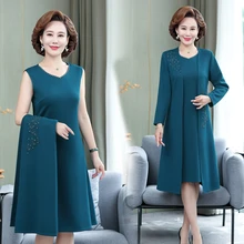 Mães de meia idade e idosos usam primavera e outono vestidos tamanhos grandes realmente duas peças feminino colete de broca quente + saia feminina (4)