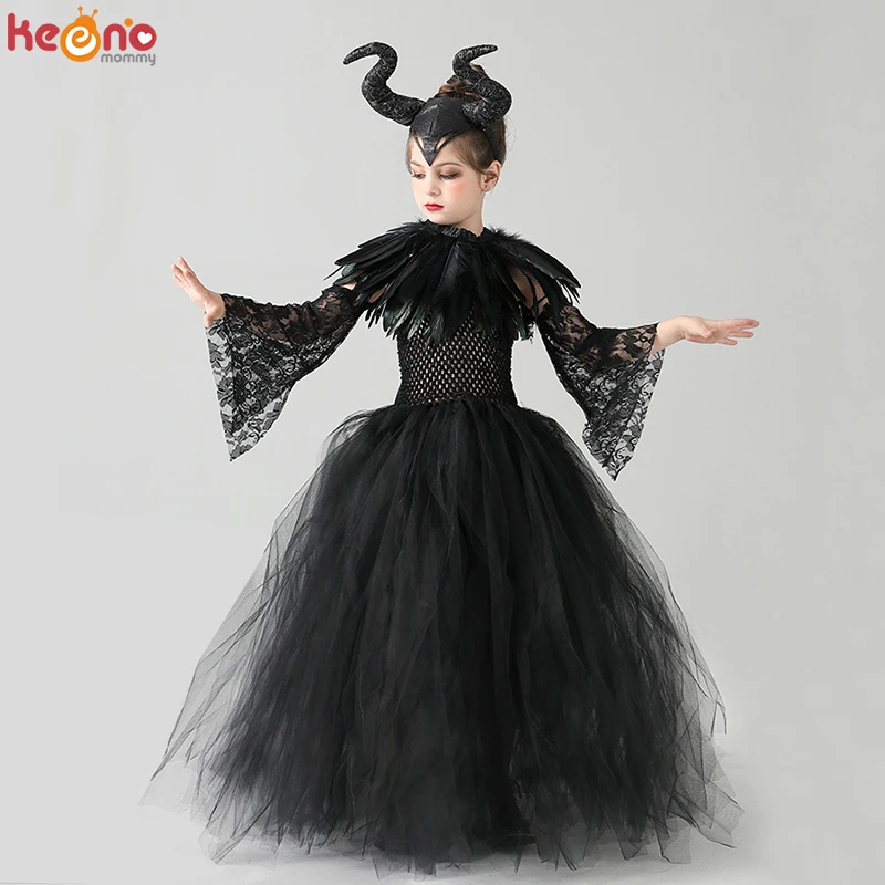 Kinder Schwarz Teufel Tutu Kostüm Gothic Halloween Mädchen Phantasie Tutu Kleid mit Feder Schal Bösewicht Royal Dark Königin Kleid Kleid
