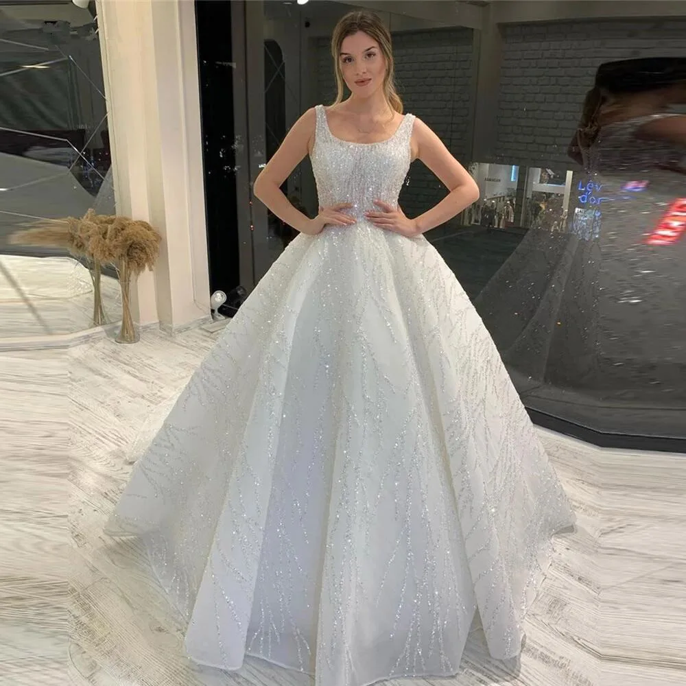 

Luxury Sequins Tank Princess Wedding Dresses Sleevesless Ball Gown Train Lace Up Bridal Gown Square Neck Customize فساتين السهر