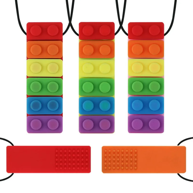 

1 Pc Hot Sale Block Baby Teethers Sensory Chew Necklace Brick Silicone Biting Topper Teethers Toy Rainbow Teether