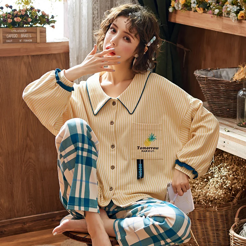 Женская одежда для сна с желтыми полосками домашний костюм клетчатая Домашняя