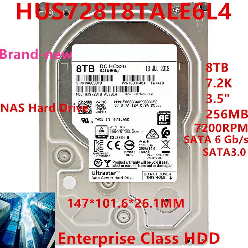 New Original HDD For WD 8TB 7.2K 3.5" SATA 256MB 7200RPM For Internal Hard Disk For NAS Enterprise HDD For HUS728T8TALE6L4