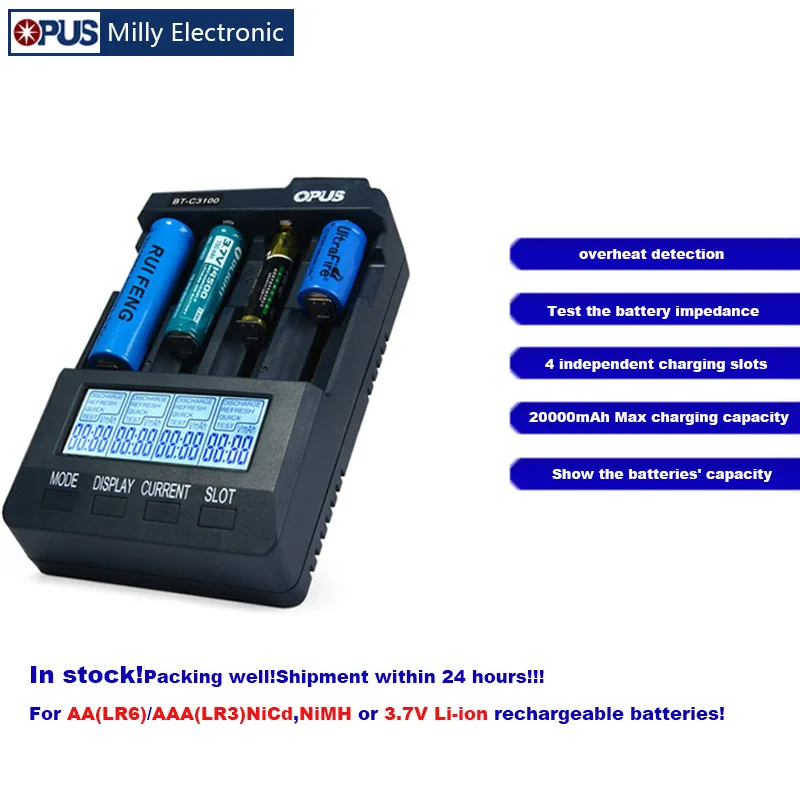 Opus BT-C3100 V2.2 умный цифровой Интеллектуальный 4 ЖК-слота Универсальное зарядное устройство для перезаряжаемых аккумуляторов EU/US штекер