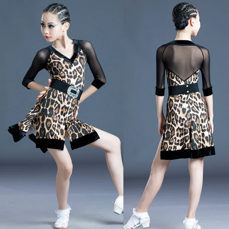 

New 120-170 Latin Dance Dress Kids Adult Salsa Ballroom Tango Cha Baby Girl Sexy Leopard Dress Women Full Prefessional Costumes