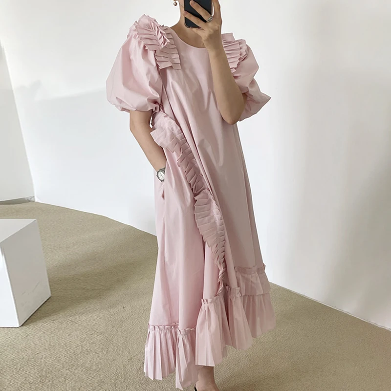 

Summer Long Oversized Folds Dress Women Puff Sleeve O-neck Loose Pleated Hem Casual Ladies Korean Dresses Plus Size Clothing