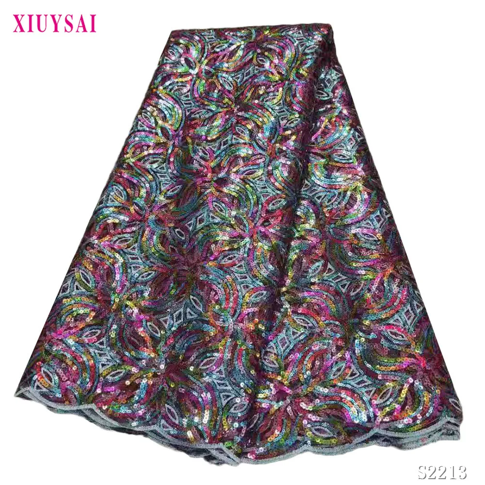 

African Lace Fabric 5 Yards 2021 High Quality Sequin Embroidery Nigerian Wedding Asoebi Dress Sewing Lace Material