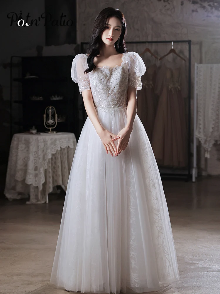 

Fancy White Evening Gowns Long Elegant Square Neck A-Line Floor-Length Tulle Women Formal Dresses For Birthday