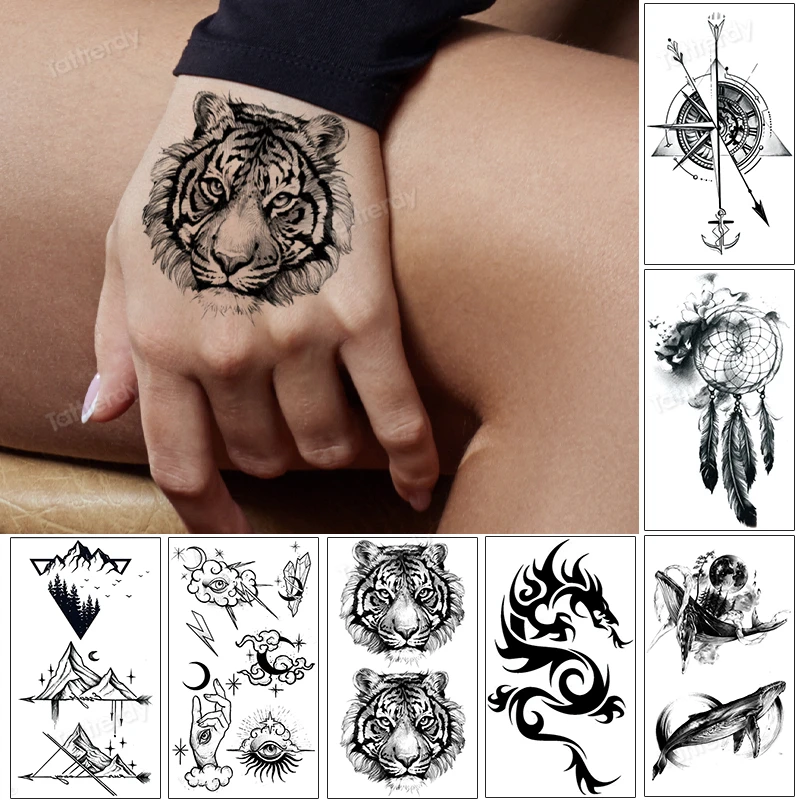 

Waterproof Temporary Tattoo Sticker Tiger Lion King Compass Pattern Fake Tatto Flash Tatoo Small Body Art for Kids Women Men