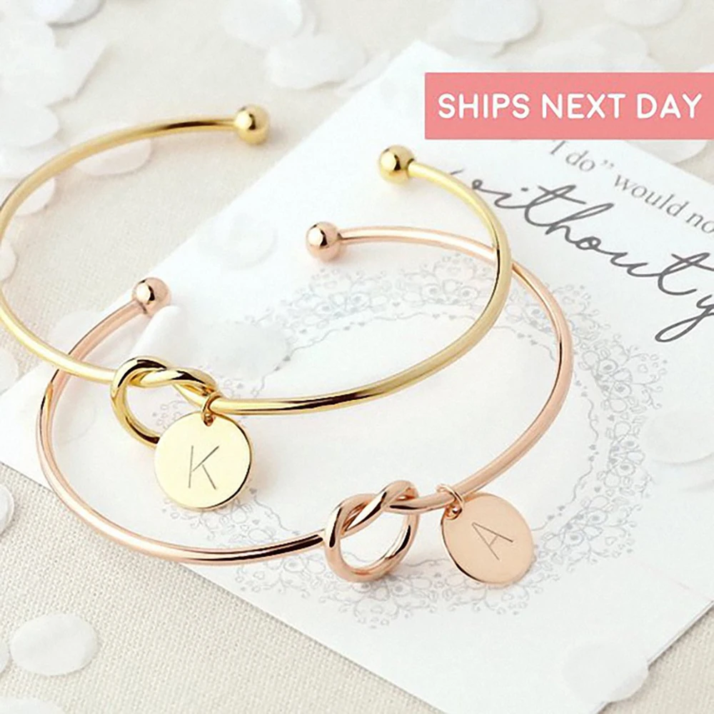 

Trendy Tie Knotted Open Cuff Bangle Rose Gold Sliver Coin 26 Letters Initial Charm Bracelets Wire Love Bangles for Women