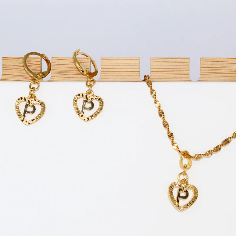 

26 Initial Gold Color Love Letters Jewelry Sets For Women With Water Wave Necklace From A TO Z Africa Heart Line Carved Pendant