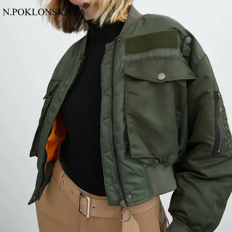 

Female Bomber Jacket Women Double Pockets Autumn Winter Streetwear Casual Basic Coats Army Green Jackets mujer chaqueta 2020
