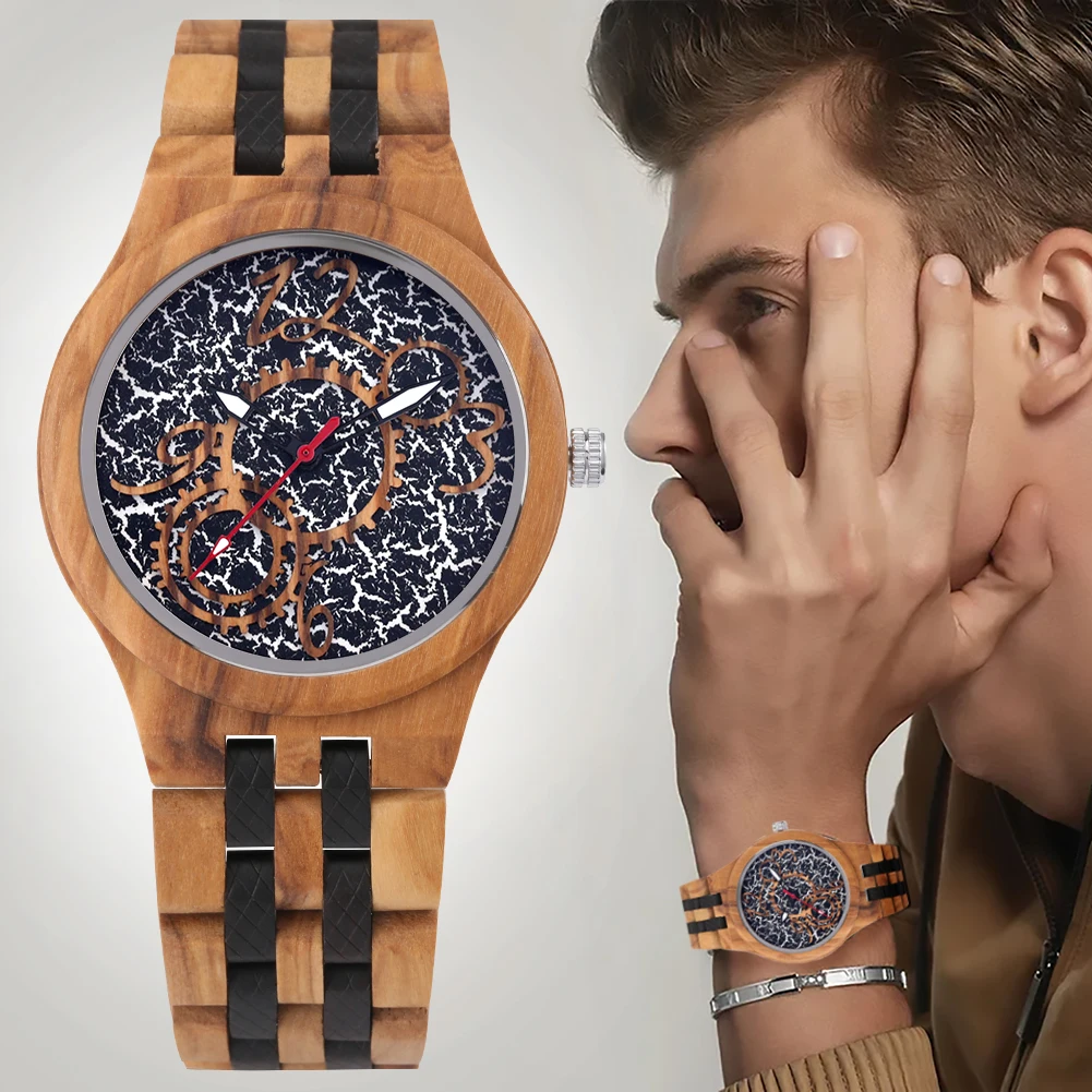 

Men's Wooden Quartz Watch Olive and Ebony Alternate Five Beads Pattern Gear Digital Surface