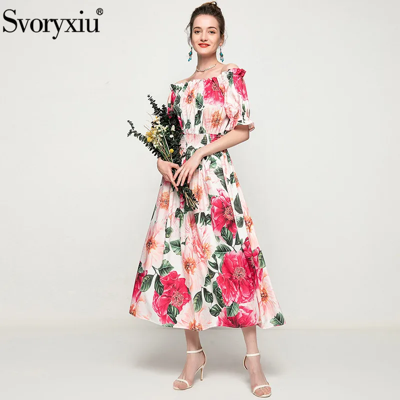 

Женское длинное платье с открытыми плечами Svoryxiu, красное платье с цветочным принтом и эластичной резинкой на талии, лето 2019