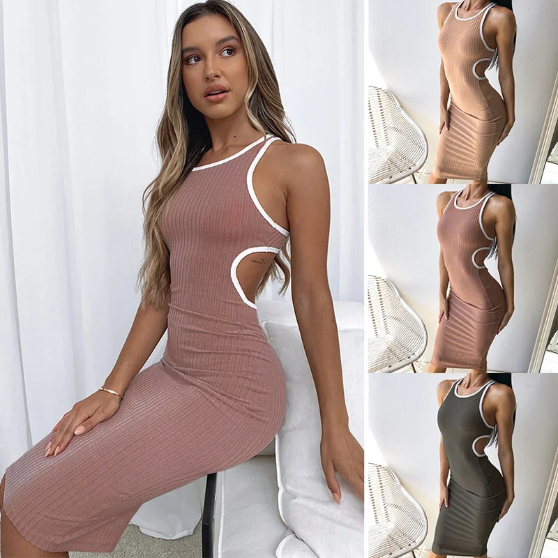 

summer dress women 2021 new long skirt color contrast pit strip sexy open waist sleeveless vestidos