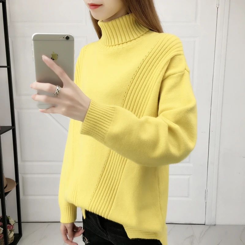 Женский Однотонный свитер с высоким воротником теплый вязаный джемпер длинными
