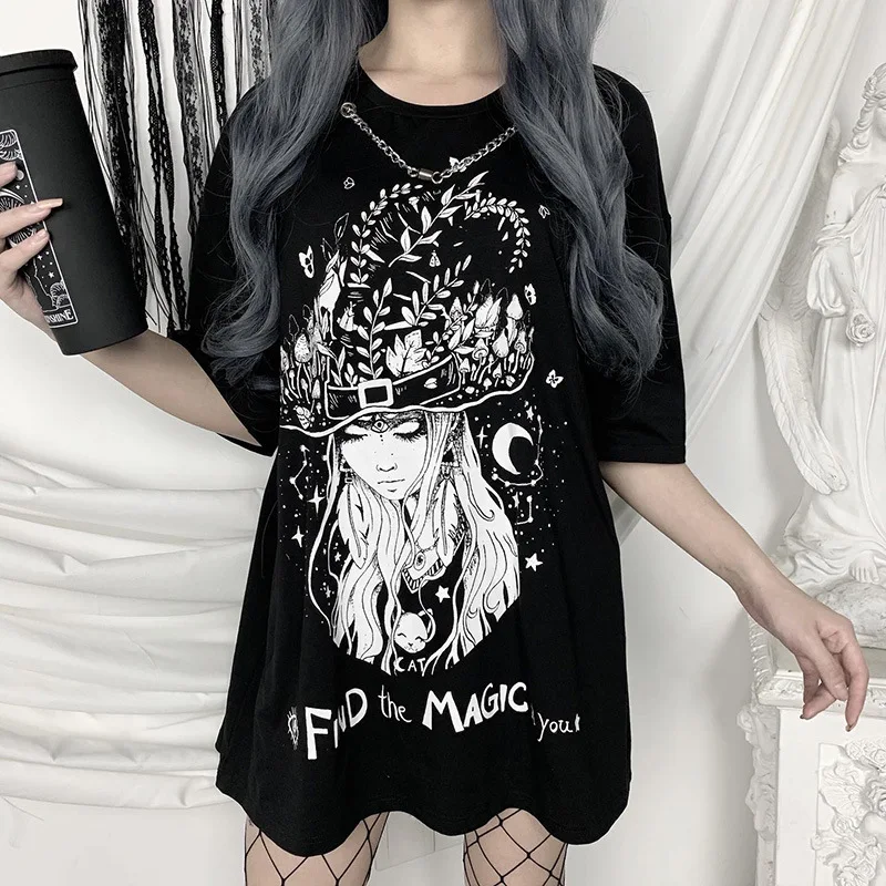 

Vintage Oversized T-shirts Gothic Swith Print Loose Women Black Top T-shirt Streetwear Casual O-neck Punk Long Tops 2021 Summer