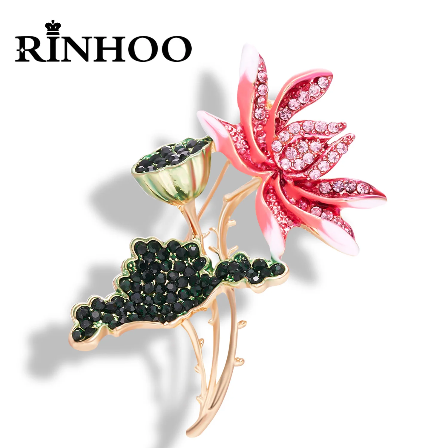 

Rinhoo Retro Elegant Rhinestone Lotus Flower Brooch Pin Women Plant Enamel Lotus Leaf Petal Corsage Cardigan Dress Shirt Jewelry
