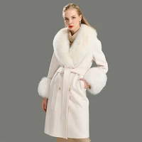 2020 wool coat women pied de poule natural fox fur collar cashmere wool blends long outerwear ladies streetwear