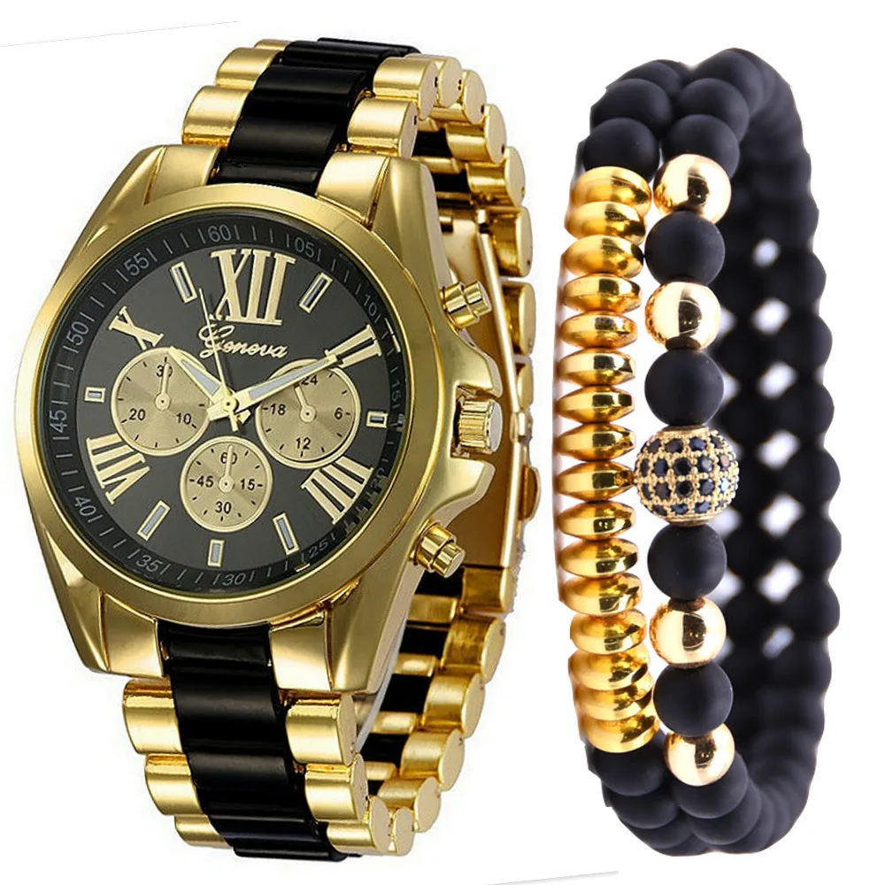 2021 Men 2PCS Set Luxury Fashion Watches Men Business Simple Stainless Steel Quartz Watch Relogio Masculino Luxury Golden Watch