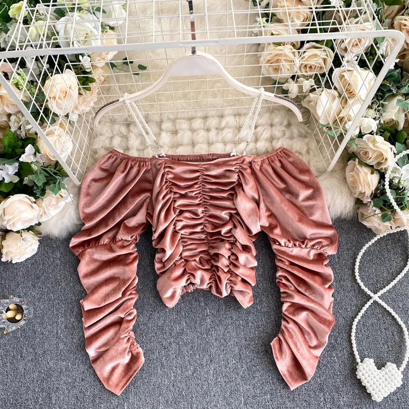 

Lady New Fashion Wrinkle Thin Long Sleeve Sense Shirt Women Slash Neck Solid Color Camisas Mujer Short Tops Blouse J59