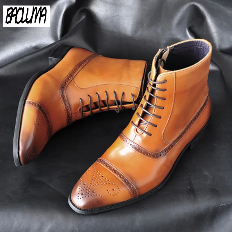 Italy Handmade Classic Men Boots High Quality Leather Men Dress Shoes Outdoor Autumn Man Moccasins Lace-UP Male Men Ankle Boots