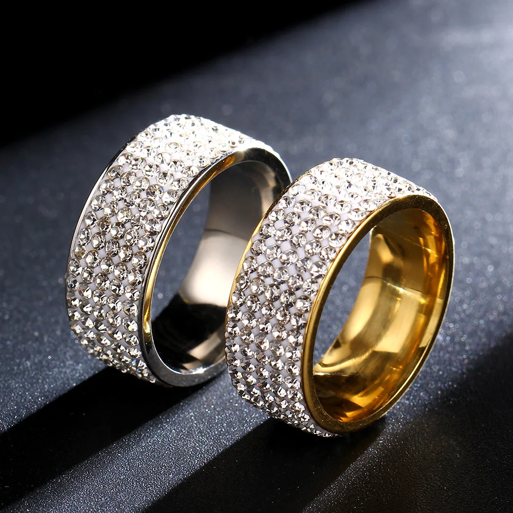 Кольцо из нержавеющей стали 5 рядов Золотое цветное кристаллическое кольцо
