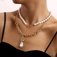 retro special shaped imitation pearl disc double layer pendant necklace elegant temperament stacked metal chain ladies jewelry