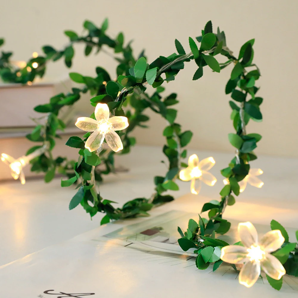 

10/20/40 LEDs Cherry Blossom String Lights with Green Leaf Ivy Battery/USB Powered Crystal Flower Wedding Christmas Garden Decor