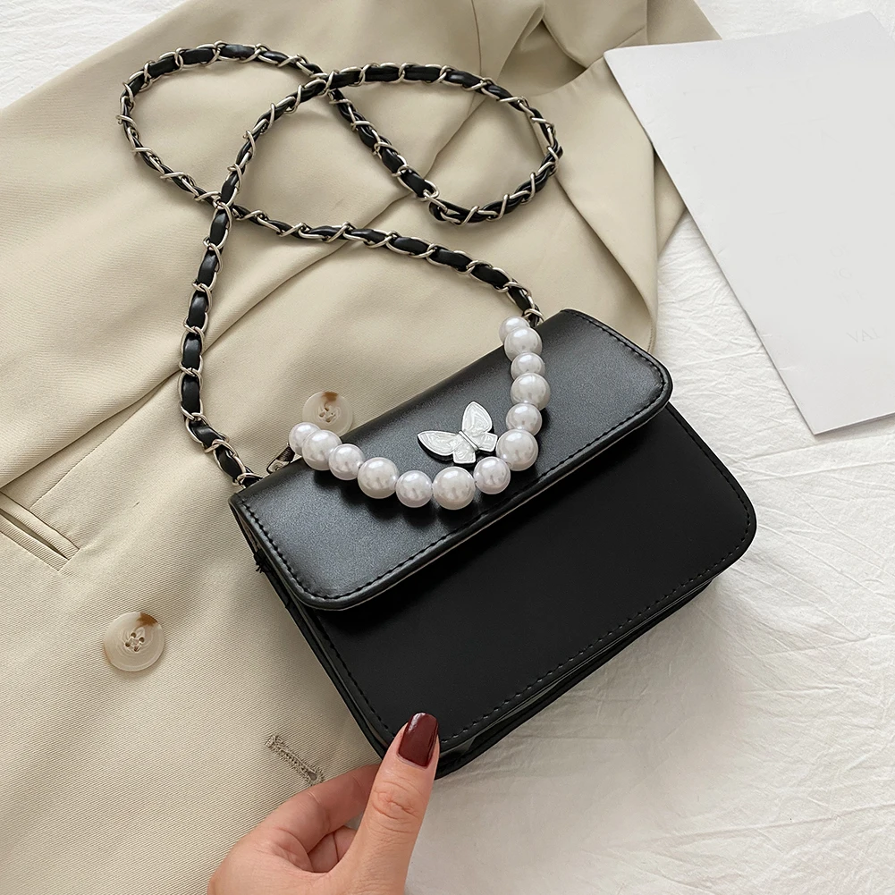 Модные однотонные сумки на плечо женские сумки-мессенджеры с жемчугом и бабочкой