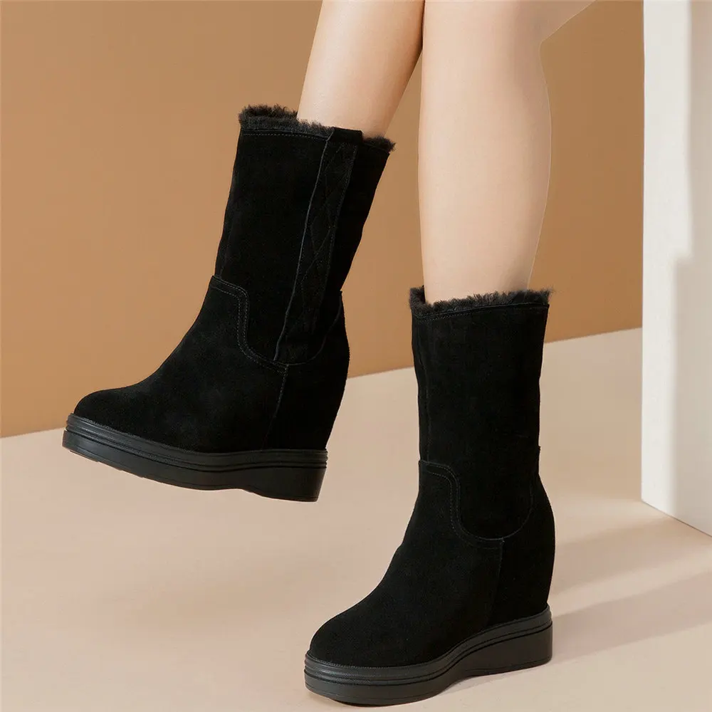 High Top Creepers Women Genuine Leather Wedges High Heel Snow Boots Female Slip On Winter Warm Platform Pumps Shoes Casual Shoes