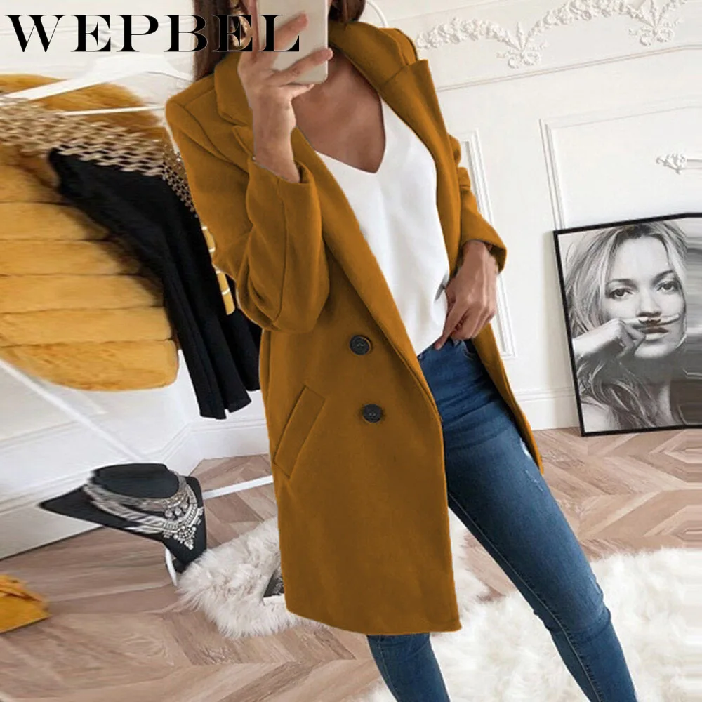 WEPBEL осень и зима новинка шерстяное женское однотонное длинное пальто двубортное