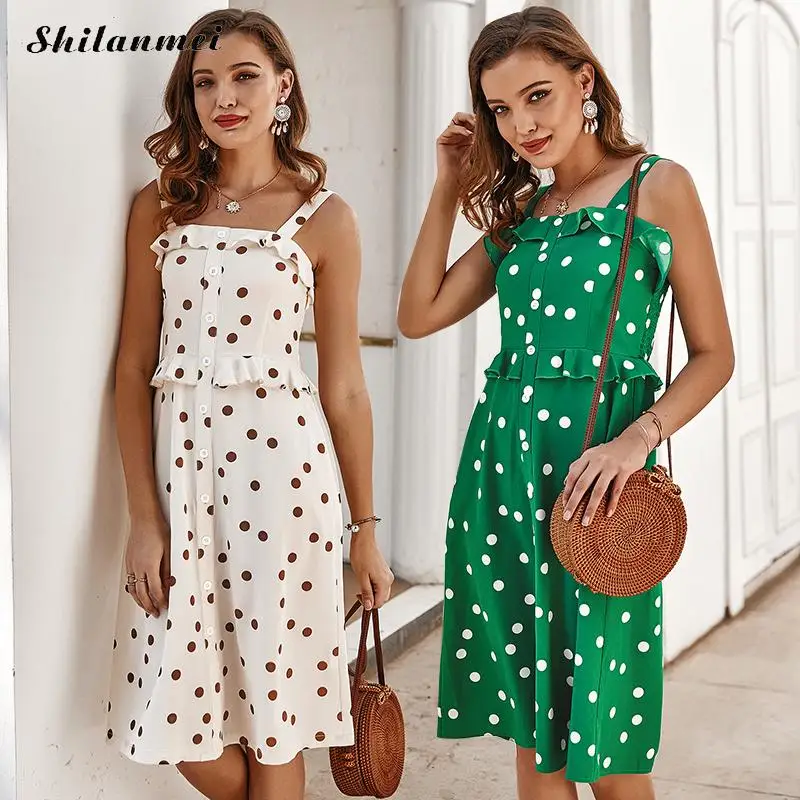 

2020 Summer Slim Slip Dress Women Sleeveless Polka Dot Women White Green Casual Dresses A-Line Ruffle Party Beach Dress Vestidos