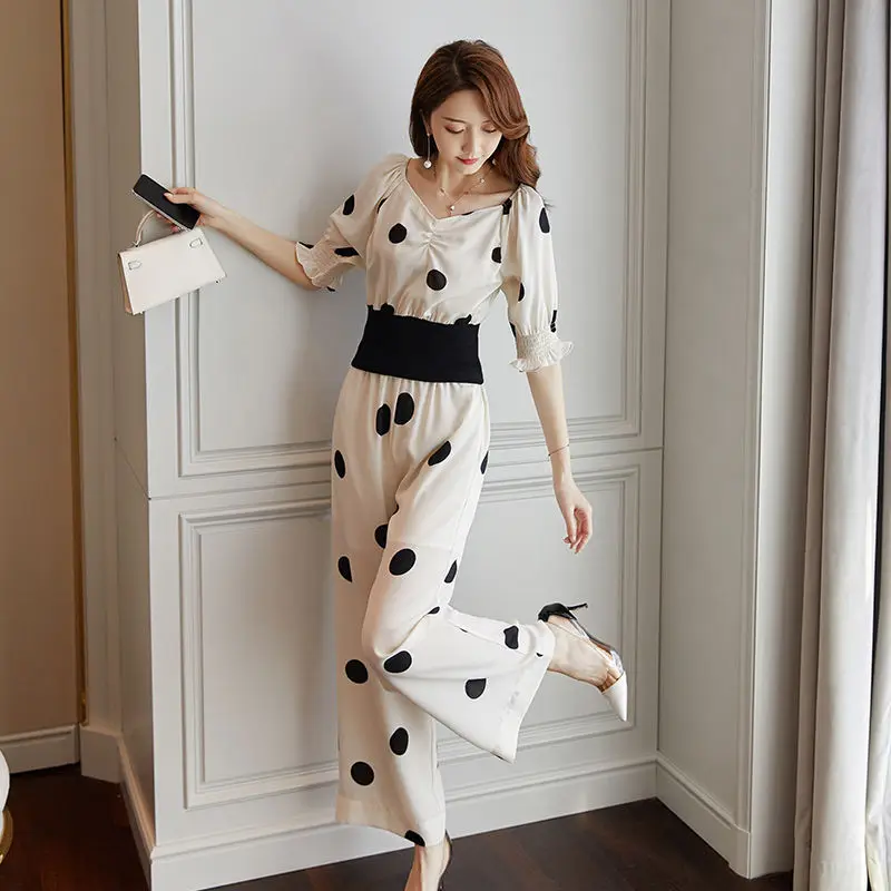 

2021 Summer New Fashion Women's Polka Dot Wide Leg Pants + Casual Blouse Top Female Elegant Chiffon Two Piece Clothing Set Q92