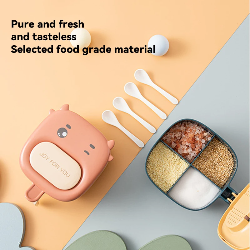 

Kitchen Spice Organizer Box Four Grid Seasoning Box With 4 Spoons Sugar Salt Pepper Container Spice Storage Box Condiment Jar