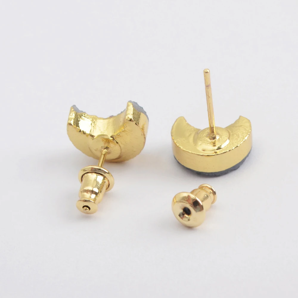 

BOROSA Crescent Natural Agates Titanium Druzy Earrings Moon Shape Gold Stud Earrings for Women Drusy Earirngs Jewelry G1947