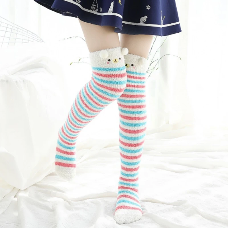

Kawaii Japan Style Stockings Soft Plush Coral Leggings Winter Lolita Long Socks Cartoon Over-the-knee Thick Sockings Warm Women