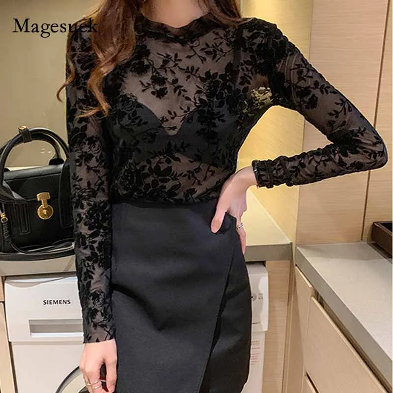 

Long Sleeve Round Neck New Fashion Women Printed Lace Mesh Blouses Flocked Sexy Slim Bottoming Pullover Shirt Blusas Mujer 10769