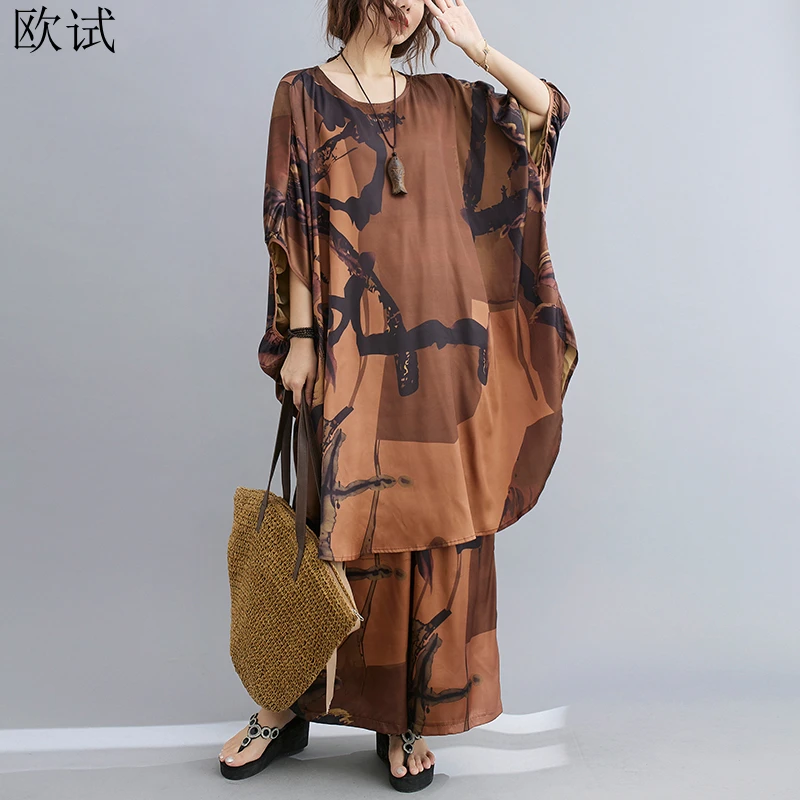 

2021 Summer Chiffon Two Piece Set T Shirts Women Tops Vintage Print Casual Long Wide Leg Pants Fashion Womens Clothing Oversize