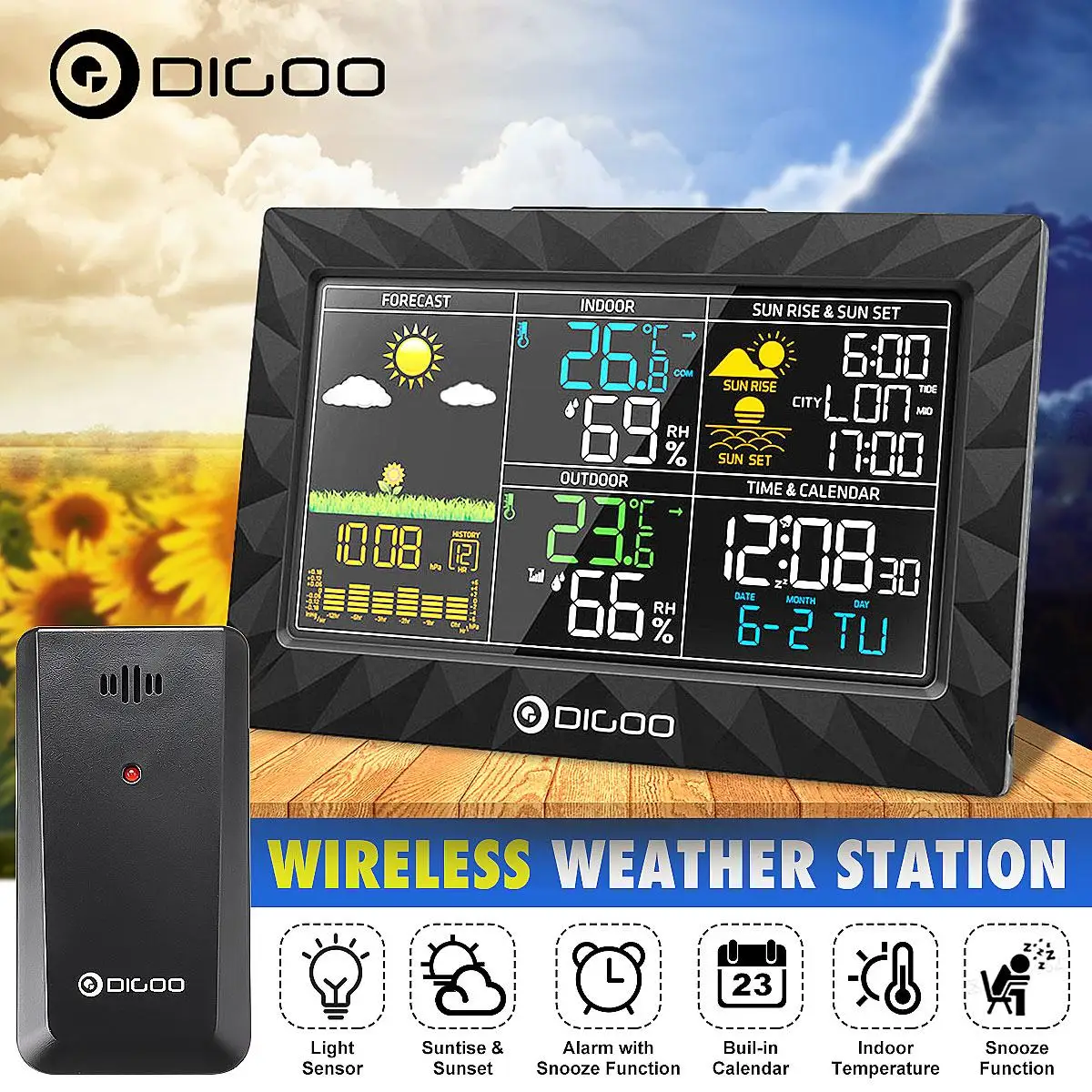 DIGOO DG-TH8988ในร่ม Outdoor Weather Station LCD เครื่องวัดอุณหภูมิความชื้นบารอมิเตอร์ Snooze นาฬิกาปลุก Sunrise Sunset ปฏิทิน