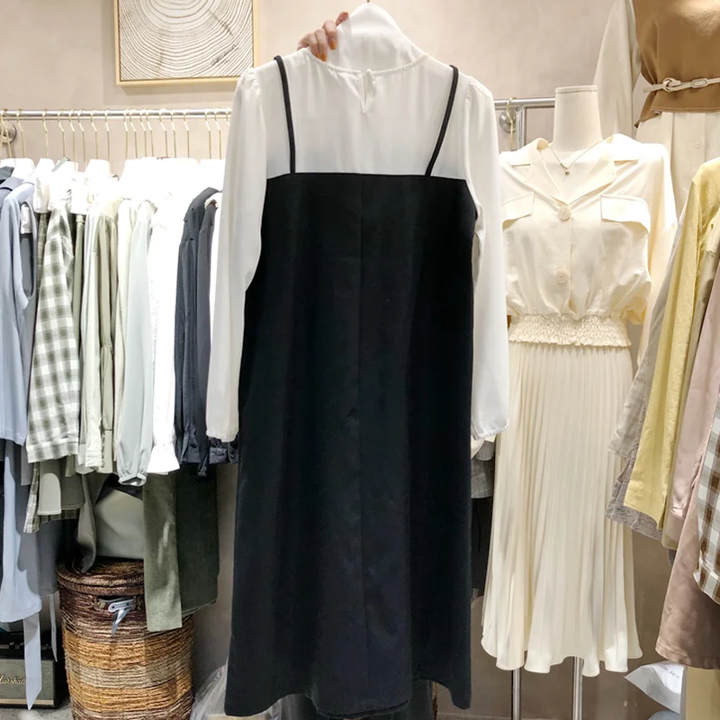 

Chic FakeTwo Piece Slim Waist Solid Woman Dress Temperament Lace Up Femme Robe Spring Long Sleeve Slip Vestido Mujer 2021