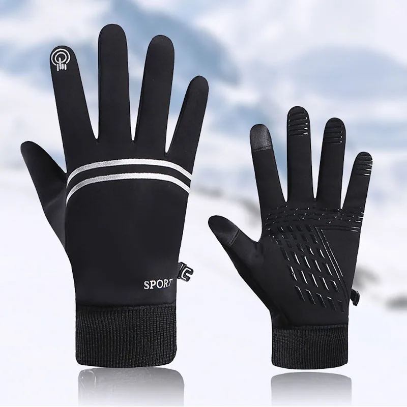 

Reflective Strip Winter Gloves for Men Plus Velvet Warm Gloves Waterproof Touch Screen Cycling Gloves Sports Outdoor Mittens