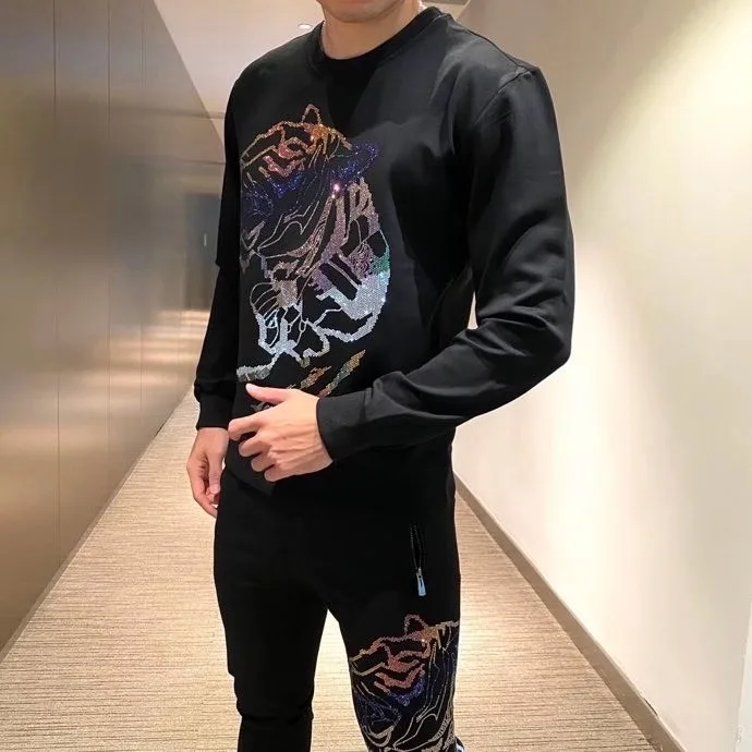 

100%real luxury mens black rhinestone tiger fahsion long sleeve T shirt with pants/leisure tracksuit/Asia size