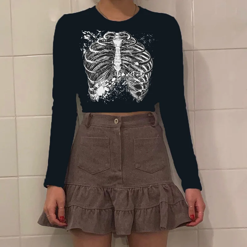 

Women Skeleton Print Street Tee shirt Female Long Sleeve O-Neck Autumn Fall Crop Tops Streetwear