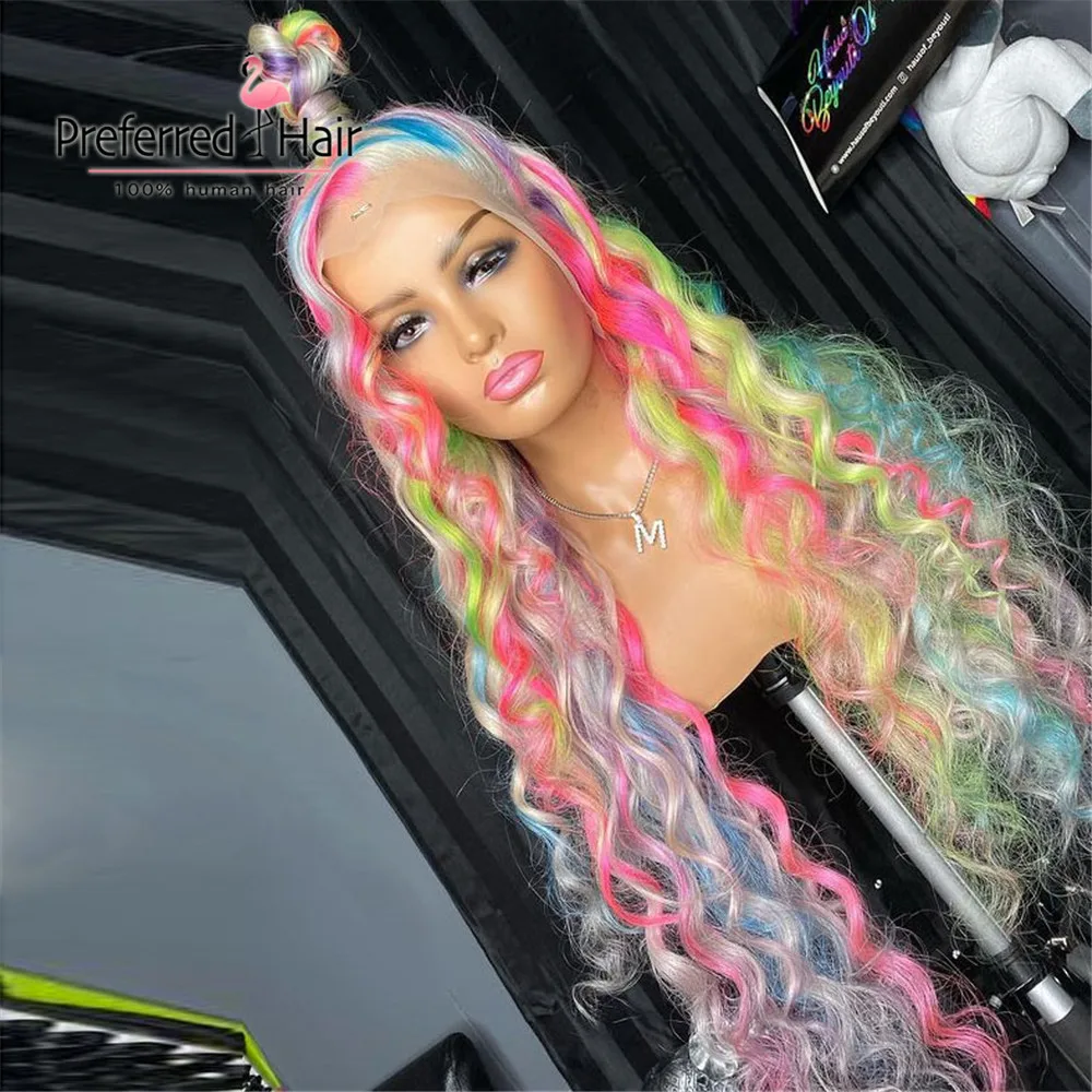 

Preferred Blonde Rainbow Highlight Wig Yellow Red Ombre Human Hair Wigs Preplucked Brazilian Remy Lace Front Wigs For Women