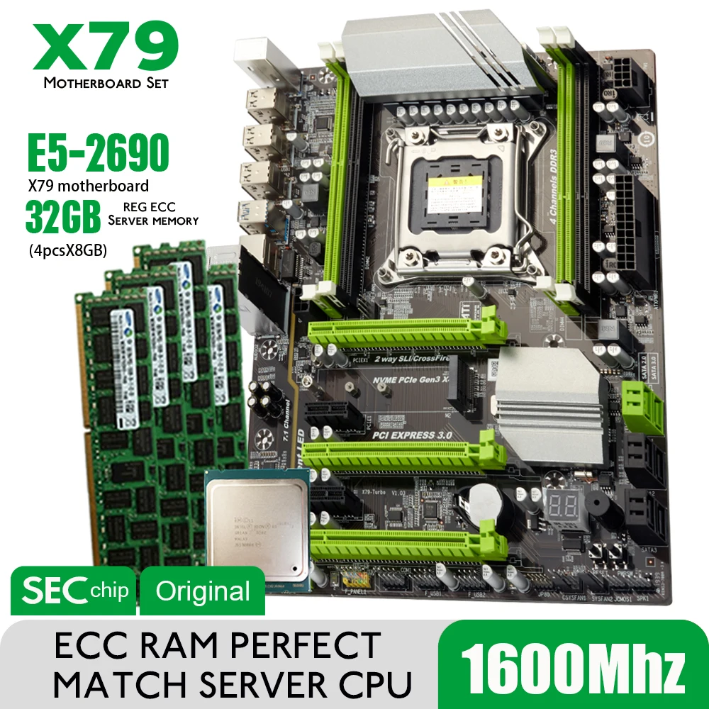 Atermiter X79 Turbo Motherboard LGA2011 ATX Combos E5 2690 CPU 4pcs x8GB = 32GB DDR3 RAM 1600Mhz PC3 12800R PCI-E NVME M.2 SSD | Компьютеры