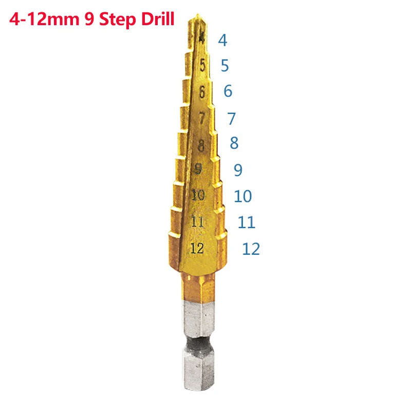 4-12 9 step Hss титановые спиральные рифленые ступенчатые сверла 4-12/4-20/4-32 мм ступенчатые конусные режущие инструменты стальные деревообрабатывающие металлические сверла - Цвет: 4-12 9 step