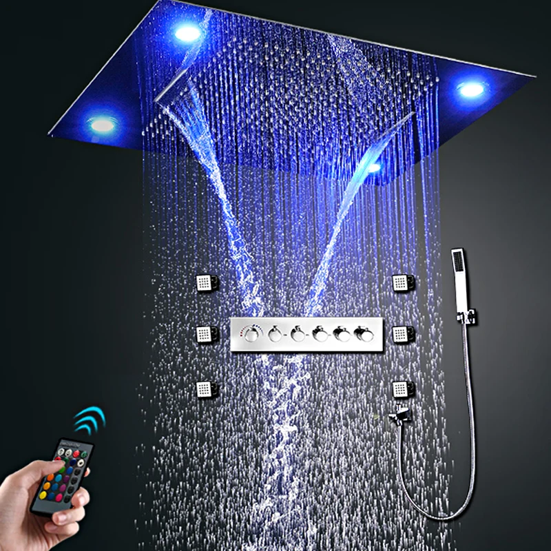 

Hot Selling Recessed Ceiling Big Rainfall Waterfall Massage Showerhead LED Thermostatic High Flow Shower Faucets Set Body Jet